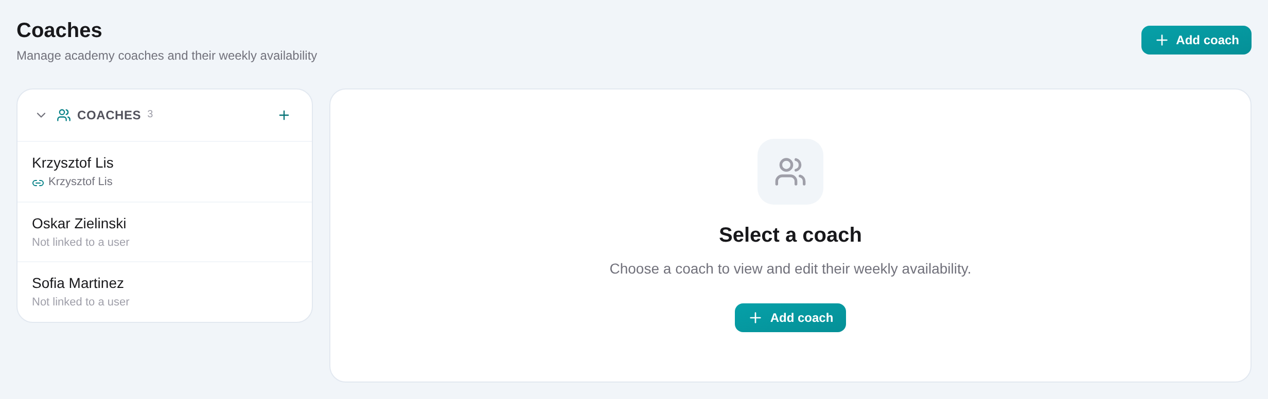 Coach management list with instructors and academy details